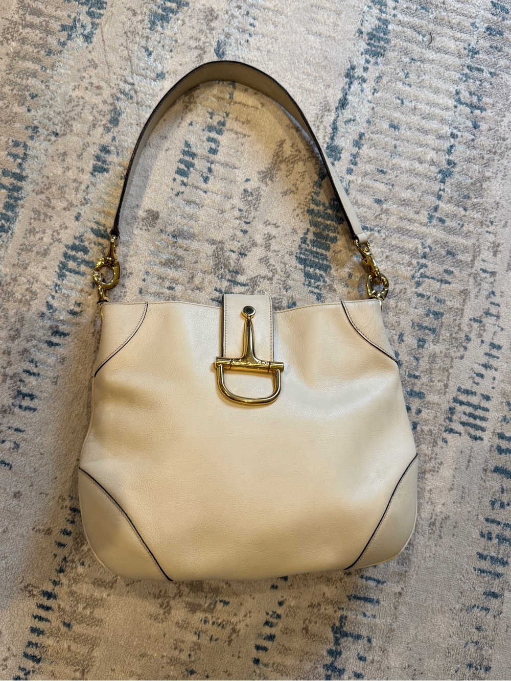Vintage Celine Ivory Cream Leather Horsebit Gold Buckle Shoulder Hobo Bag
